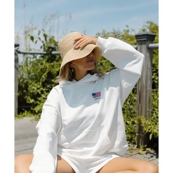 PARKE American Flag Cozy Hoodie Oversized Coastal Americana Lounge Pullover - Picture 2 of 12